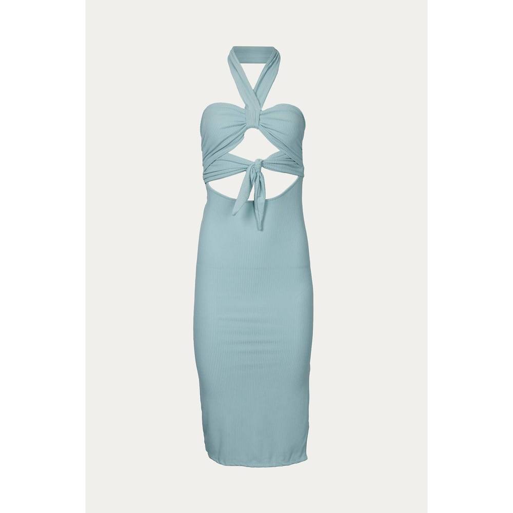 NEW ENDLESS BLU. tie front detail rib bodycon dress in sage
